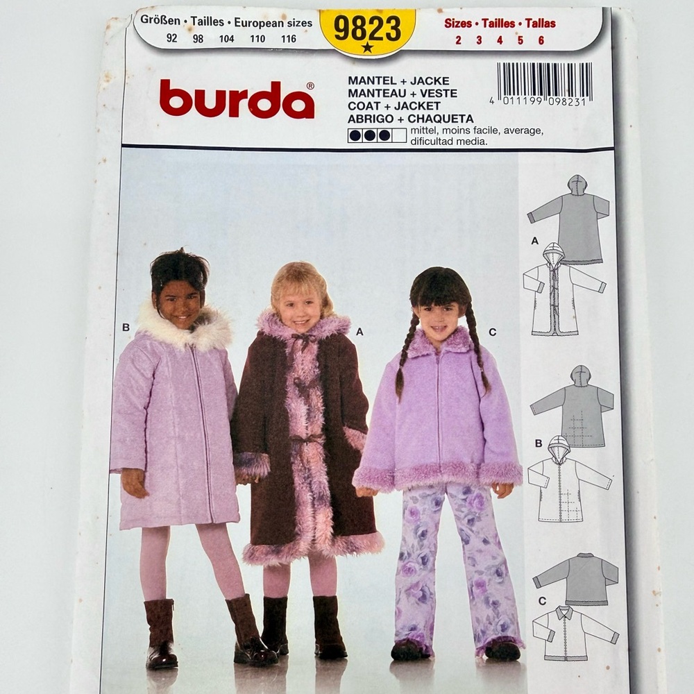 Burda Kids Girls Sewing Pattern #9823 Uncut Children Coat Jacket 2 - 6Yrs